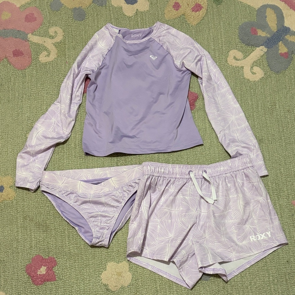 Roxy Girls' Lilac & Light Purple 3-Piece Swim Set - Rash Guard, Shorts & Bikini